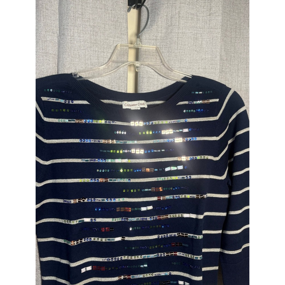 Coldwater Creek Womens Navy Stripe Sequin Beaded 3/4 Sleeve Sweater Size M 10-12